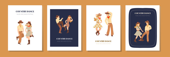 Vector template for concert poster or flyer with dancing country couple cowboy and cowgirl. Cheerful couple dancing western dance. Flat style posters set