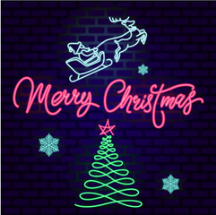 Merry Christmas neon. Neon snowflakes, neon fir tree, neon Santa Claus with reindeer. Glowing sign lettering for Christmas.