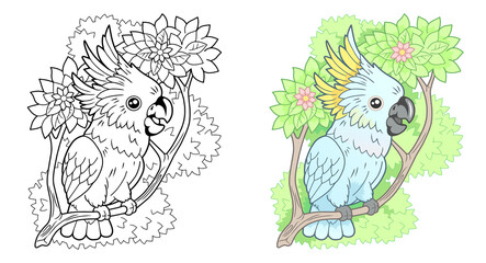 cartoon cute cockatoo parrot sitting on branch funny illustration