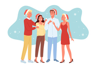 Vector illustration of friends celebrating New year together, young girls and guys having fun together, christmas party, drink champagne in Christmas hats.