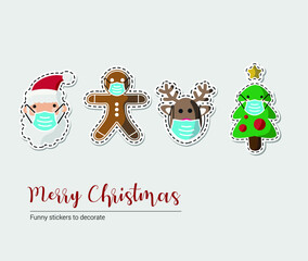 Vector image. Different Christmas drawings with a mask. Christmas with mask.
