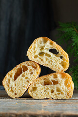 ciabatta fresh bread yeast-free sourdough or yeast dough pore structure on the table healthy snack...