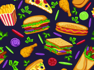 Vector seamless pattern with fast food food items. Hamburgers, cheeseburgers, roll, sandwich, fries, pizza, donut, muffin, chicken, tomatoes, onions, cucumbers and meat. Harmful, unhealthy diet