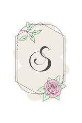 Elegant initial letter S with rose flower. Graphic Floral Alphabet. Botanical Monogram Font Logo or Icon. Typography element design for emblem, label, greeting or wedding cards, decoration ideas.