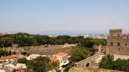 Fototapeta na wymiar Old town of Rhodes panoramic view from Roloi Clock Tower, Old Town of Rhode. Rhodes, Greece