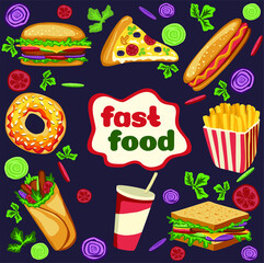Vector set
 with hand drawn
 flat elements of fast food. Hamburgers, cheeseburgers, roll, sandwich, fries, pizza, donut, muffin, chicken, tomatoes, onions, cucumbers and meat. Harmful, unhealthy diet