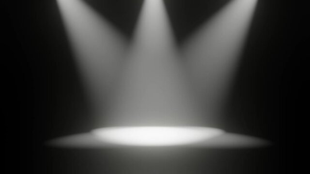 Stage lights 3d rendering animation. Three white bright stage lights pointing in middle with different sizes. Empty stage. 