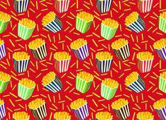 
Vector seamless pattern with pitched fries. beautiful boxes with fast food. Bad food for the cinema. Appetizing background