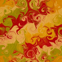 Christmas colored swirls in paper marbling technics. Abstract Seamless pattern of spirals of different shapes and sizes in green, red, yellow. Ebru imitation for textile print, wrapping digital paper