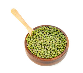 green mung beans with wooden spoon and bowl isolated on white background