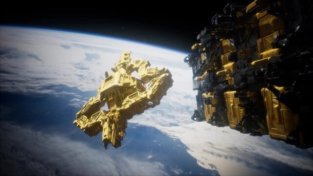 flying an animated space station. 3d rendering. Elements furnished by NASA
