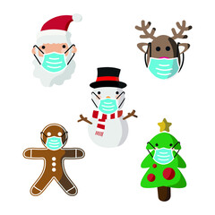 Vector image. Different Christmas drawings with a mask. Christmas with mask.