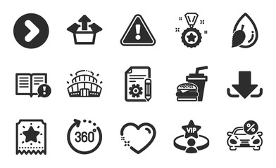 Facts, Documentation and Arena stadium icons simple set. Download, Vip table and Winner reward signs. Hamburger, Heart and Water drop symbols. Loyalty ticket, Forward and 360 degrees. Vector