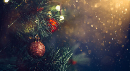 Selective focus image of Christmas tree and atmospheric lights. Perfect photo for festive cards.