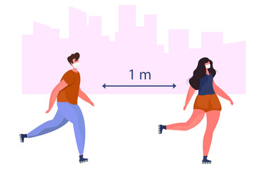 Friends Characters Roller Skating during Quarantine in City in Medical Masks.Healthy Lifestyle.Man and Woman running.Social Distance.Outdoor Sport Activity during Covid 19.Flat Vector Illustration