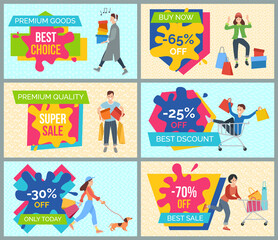Set of illustrations on the theme of discounts and black friday. People with purchases rush to the sale. Girls and boys are going shopping in the store. Advertising and marketing in the background