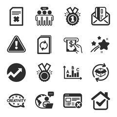 Set of Business icons, such as Reject web, Delete file, Atm service symbols. Update document, Credit card, Approved signs. Honor, Creativity, Employees group. Survey results, Return parcel. Vector
