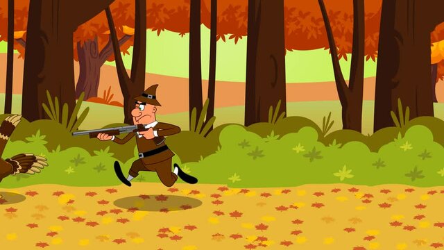 Pilgrim Chasing Turkey Cartoon Characters. 4K Animation Video Motion Graphics With Forest Background And Text