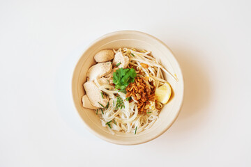 Delicious homemade Vietnamese soup Pho cooked with rice noodles, coriander leaves, soy sprouts, onions and chicken pieces for a complete and healthy meal