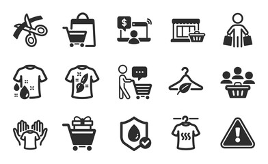 Slow fashion, Sale bags and Wash t-shirt icons simple set. Buyer, Marketplace and Buyer think signs. Shopping trolley, Buyers and Scissors symbols. Flat icons set. Vector