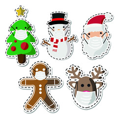 Vector image. Different Christmas drawings with a mask. Christmas with mask.