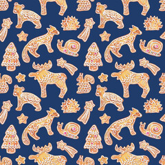 Seamless pattern with gingerbread stars and animals (moose, fox, hedgehog, snail, squirrel, bear) on blue background. Christmas watercolor design for wrapping paper, prints and kitchen textile.