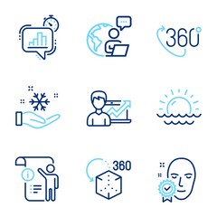 Science icons set. Included icon as Sunset, Success business, 360 degree signs. Face verified, Freezing, Augmented reality symbols. Manual doc, Statistics timer line icons. Line icons set. Vector