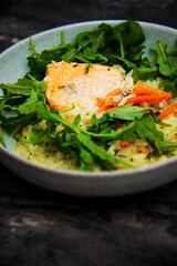 Salmon steak Sorrel sauce and rice