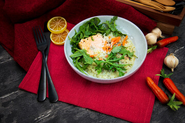 Salmon steak Sorrel sauce and rice
