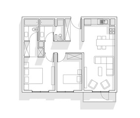 Illustration of two bedroom flat with open kitchen design and balcony with two bathrooms.  Black and white 2 BHK architectural plan drawing with shadows.