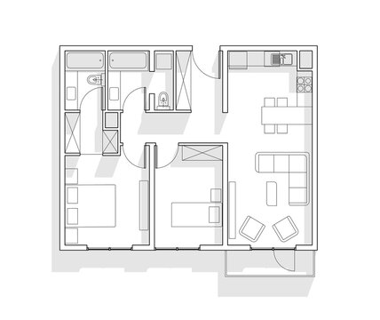 Illustration of two bedroom flat with open kitchen design and balcony with two bathrooms.  Black and white 2 BHK architectural plan drawing with shadows.