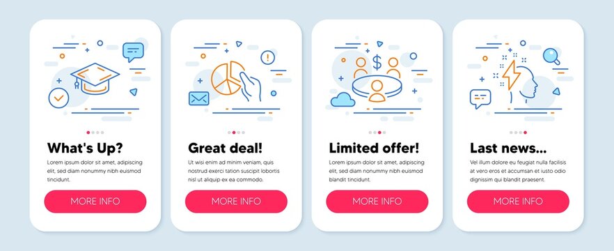 Set of Education icons, such as Graduation cap, Meeting, Pie chart symbols. Mobile screen mockup banners. Brainstorming line icons. University, Business collaboration, Presentation graph. Vector