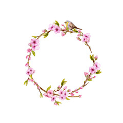 Watercolor Sakura wreath with bird. Hand drawn Blossoning cherry branches with bird frame. Hand painted greenery spring isolated wreath