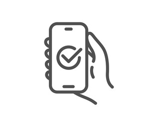 Approved app line icon. Hand hold phone sign. Cellphone with screen notification symbol. Quality design element. Linear style approved app icon. Editable stroke. Vector