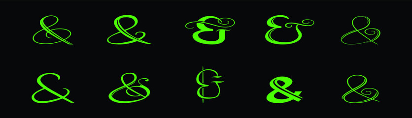 Set of hand drawn decoration ampersands for letters and invitation drawing isolated vector on black background