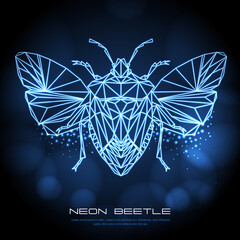 Abstract neon polygonal triangle shield bug. Bug neon sign. Entomological vector illustration