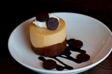 Chocolate cake with espresso ice cream. Classic American or French bakery favorite. Cookies, whipped cream, cakes, chocolate syrup butter, eggs and vanilla beans.