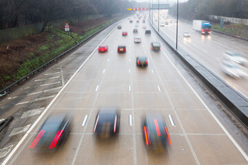 Reigate, UK. The Easter bank holiday gets underway with heavy rain and traffic on the M25.