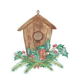 Watercolor hand painted nature winter holiday composition with brown wooden birdhouse, green fir branches and red holly berries and leaves bouquet on the white background for card design