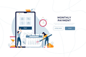 Monthly payment homepage template. Man pays regular fees online, woman makes notice in calendar. Keep up with monthly payments concept for web design. People in flat cartoon style, vector illustration - obrazy, fototapety, plakaty