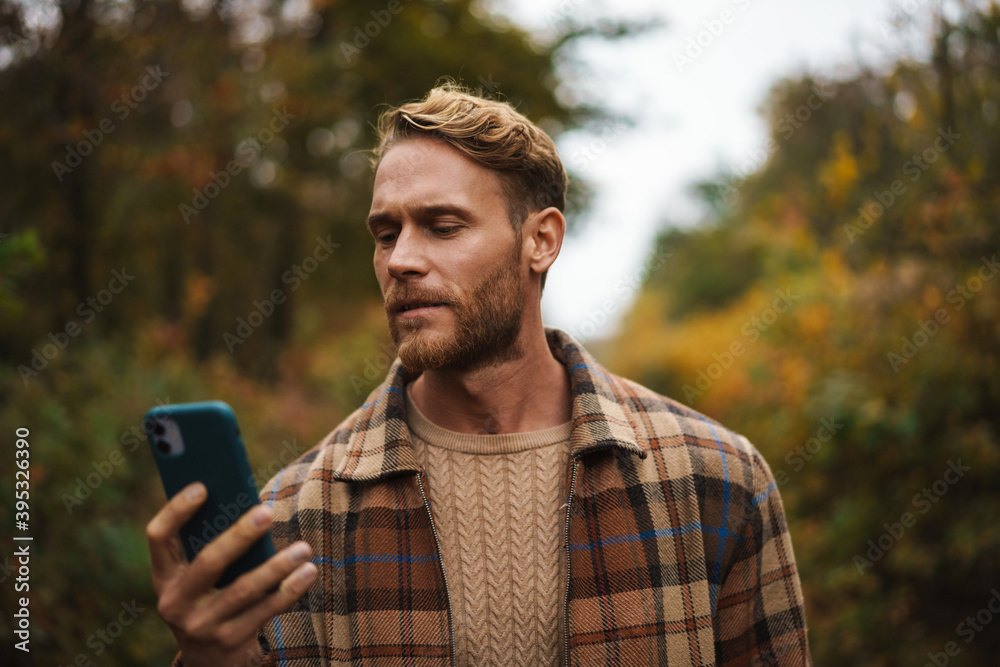 Wall mural handsome man using mobile phone while strolling in autumn forest