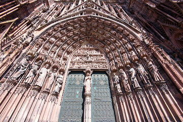 Facade of Cathedral Notre Dame of Strasbourg, details of Strasbourg cathedral or Bas Rhin in...