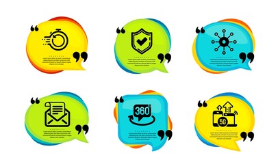 Fast recovery, Multichannel and Mail newsletter icons simple set. Speech bubble with quotes. Confirmed, 360 degree and 5g internet signs. Backup timer, Multitasking, Open e-mail. Vector