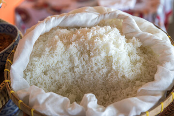 Asian food White rice. Cooked plain white basmati rice. jasmine rice hot cooked rice.