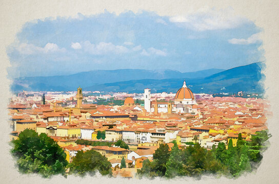 Watercolor drawing of Top aerial panoramic view of Florence city with Duomo Cattedrale di Santa Maria del Fiore cathedral