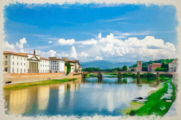 Fototapeta premium Watercolor drawing of Ponte alle Grazie bridge over Arno River blue reflecting water