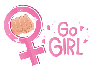 go girl lettering with hand fist in female gender symbol vector illustration design
