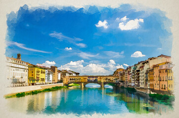 Watercolor drawing of Ponte Vecchio stone bridge with colourful buildings houses across Arno River - obrazy, fototapety, plakaty