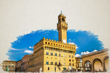 Obraz premium Watercolor drawing of Palazzo Vecchio palace with bell tower and Loggia dei Lanzi on Piazza della Signoria square