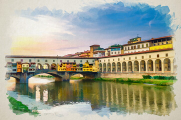 Watercolor drawing of Ponte Vecchio stone bridge with colourful buildings houses across Arno River